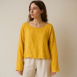 Orea Clare for Sophia Linen Top Womens One Size Yellow Long Flared Sleeves Boho‎